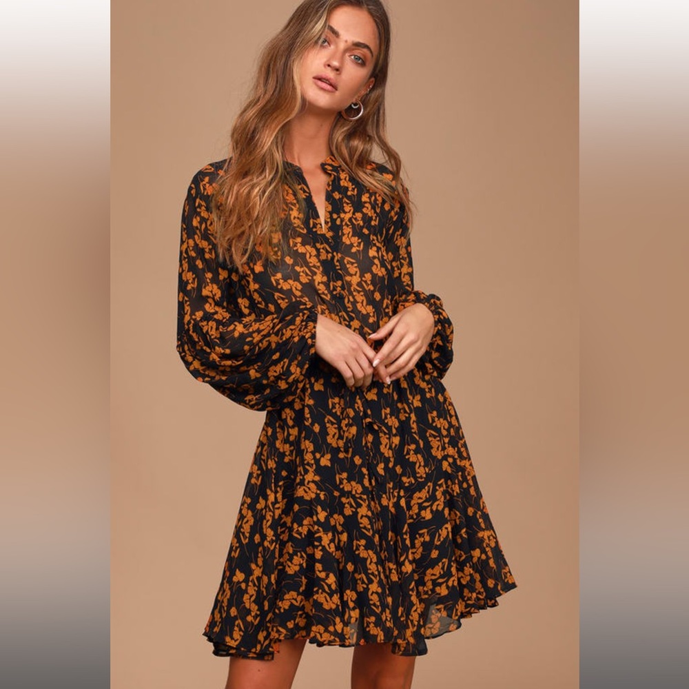 Lulu’s mini dress— Sashay My Way Black Floral Print Long Sleeve, size M NWT